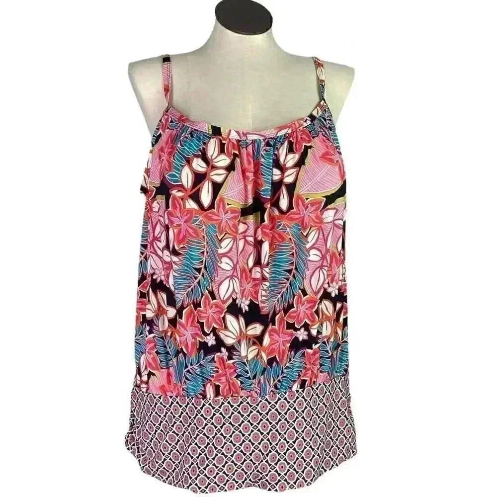 Swimsuits For All Women 24 Floral Scoop Neck Blouson Tankini Swim Top Multicolor